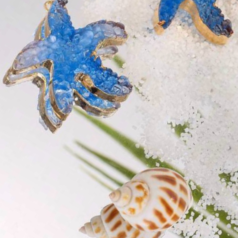 “Blue Druzy Starfish” Gold Dipped Geode Ocean Sea Marine Tropical Steel Earrings - Picture 8 of 11